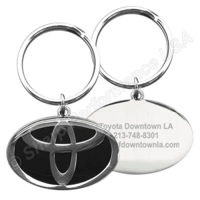 K001TO Custom Keychain with 3D company logo on front side, and laser engraved info on the backside